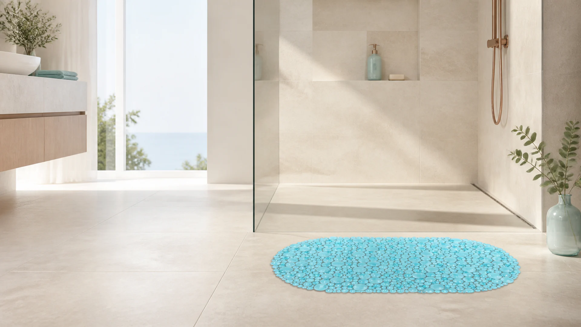 Turquoise JIAJIELI bath mat styled in a bright modern bathroom